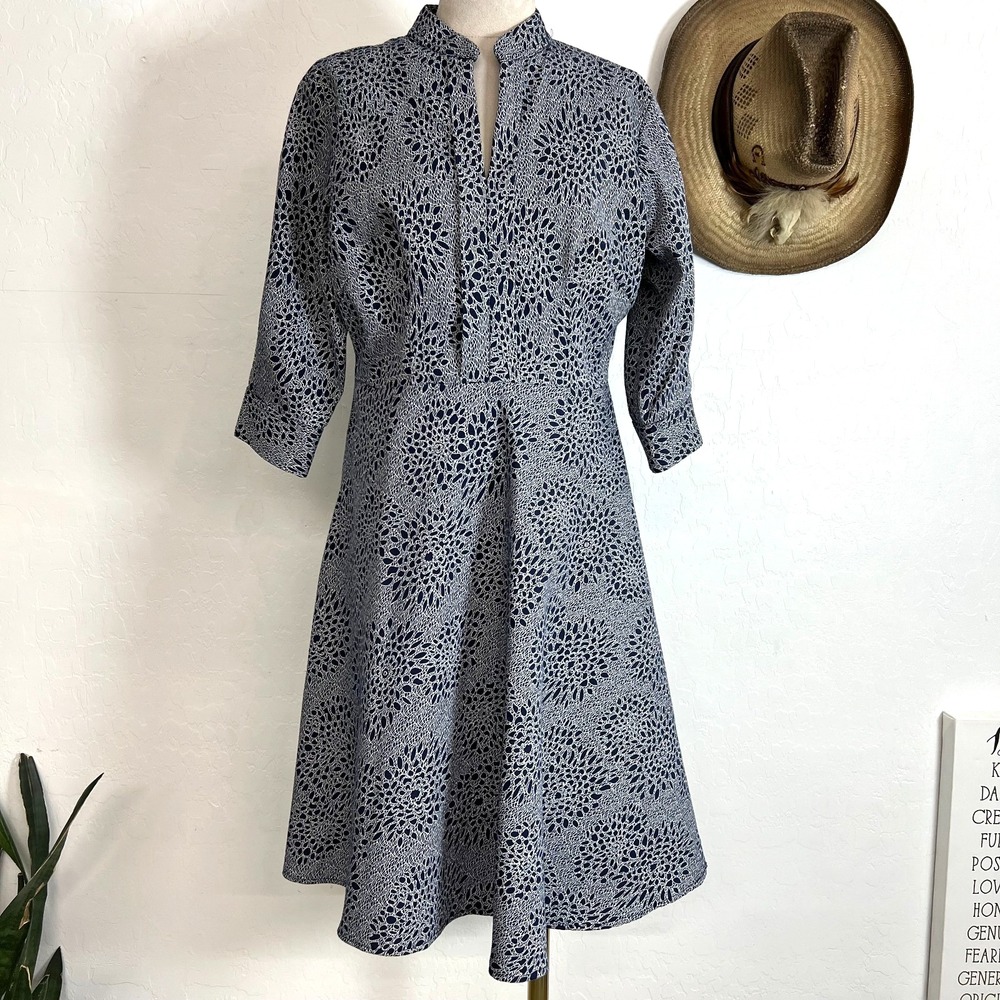 Yaly Couture Custom Tailored Midi Dress sz M/L Blue White  V Neck 3/4 sleeves